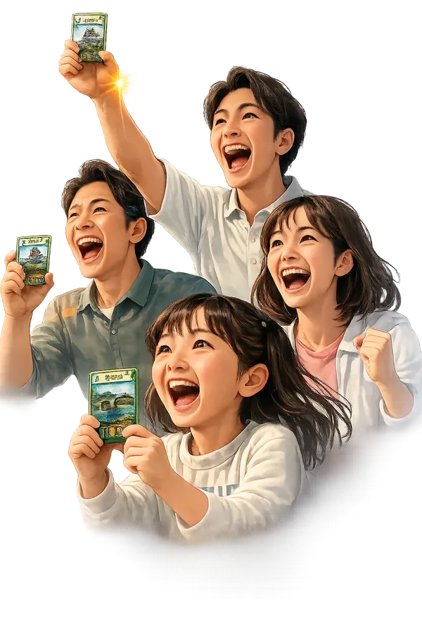 家族で市町村バトルカードゲームを楽しむ様子